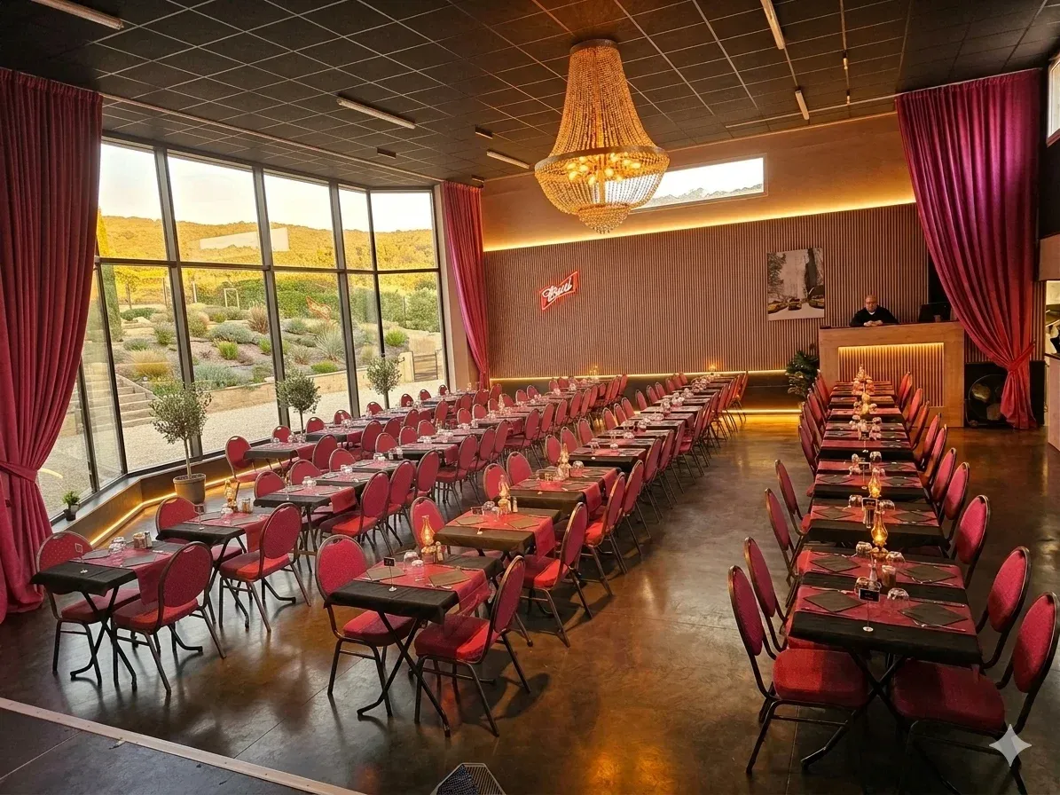 Salle du cabaret Le Manhattan à Lamotte-du-Rhône, avec tables dressées, chaises rouges et grandes baies vitrées.